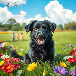 A playful black dog with shiny fur sitting in a lush green park, surrounded by colorful flowers