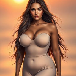 A hyper-realistic portrait of a beautiful woman with big breasts, highlighting her curves and celebrating body positivity