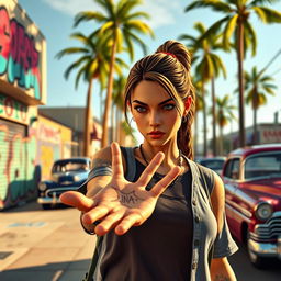 A gamer character in a vibrant urban setting reminiscent of GTA San Andreas, looking intently at the palm of her hand
