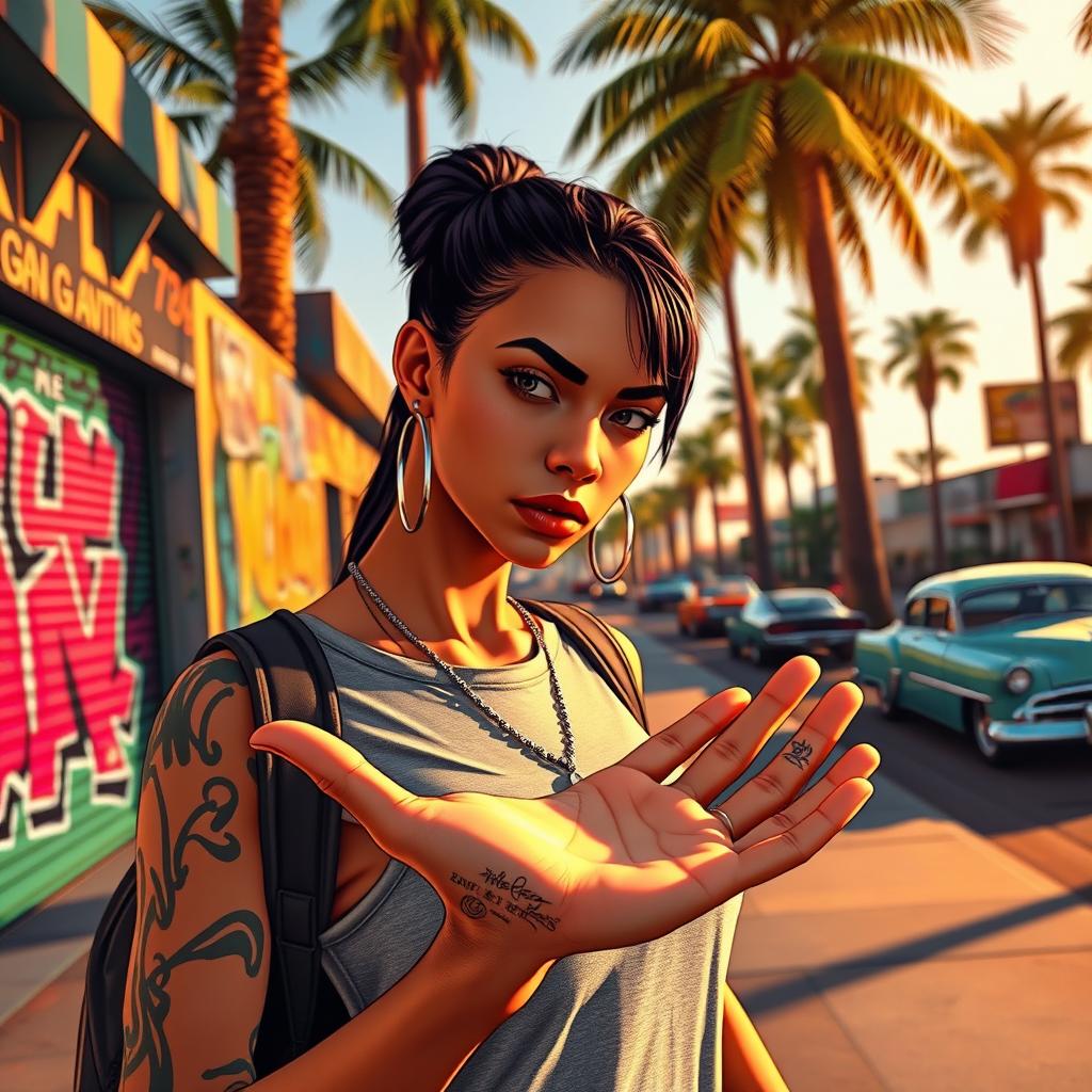 A gamer character in a vibrant urban setting reminiscent of GTA San Andreas, looking intently at the palm of her hand