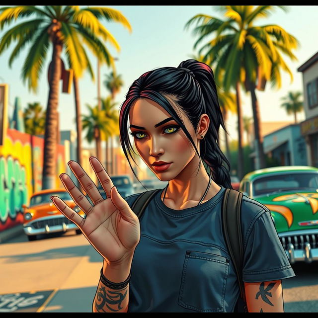 A gamer character in a vibrant urban setting reminiscent of GTA San Andreas, looking intently at the palm of her hand
