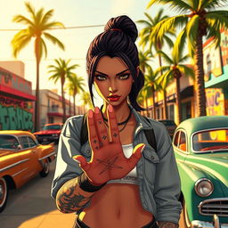 A gamer character in a vibrant urban setting reminiscent of GTA San Andreas, looking intently at the palm of her hand