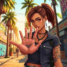 A dynamic scene depicting a female gamer character in a lively urban environment inspired by GTA San Andreas, gazing at the palm of her hand