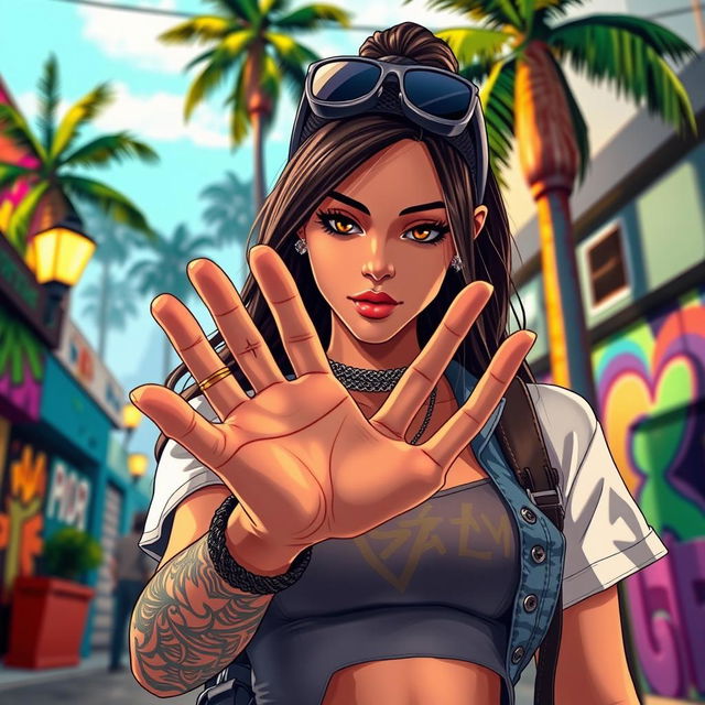A dynamic scene depicting a female gamer character in a lively urban environment inspired by GTA San Andreas, gazing at the palm of her hand