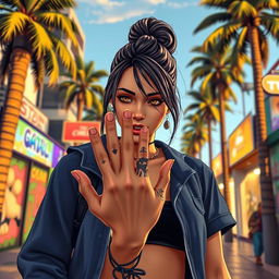 A dynamic scene depicting a female gamer character in a lively urban environment inspired by GTA San Andreas, gazing at the palm of her hand