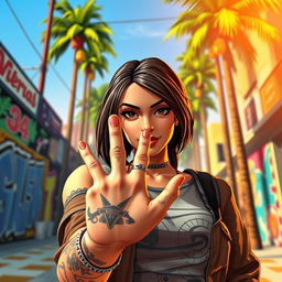 A dynamic scene depicting a female gamer character in a lively urban environment inspired by GTA San Andreas, gazing at the palm of her hand