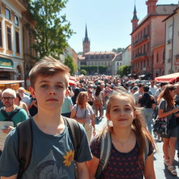 A bustling tourist square in a vibrant foreign city during the day, filled with a diverse crowd of tourists