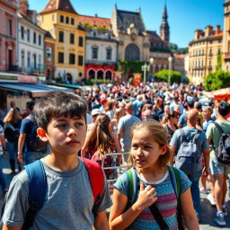 A bustling tourist square in a vibrant foreign city during the day, filled with a diverse crowd of tourists