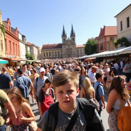 A bustling tourist square in a vibrant foreign city during the day, filled with a diverse crowd of tourists