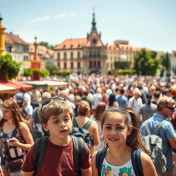 A bustling tourist square in a vibrant foreign city during the day, filled with a diverse crowd of tourists