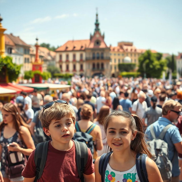 A bustling tourist square in a vibrant foreign city during the day, filled with a diverse crowd of tourists