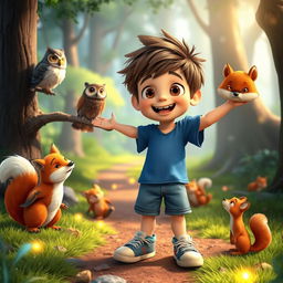 A cheerful boy named Max with short brown hair and messy hairstyle, wearing a blue t-shirt, denim shorts, and sneakers, interacting joyfully with talking animals in a vibrant forest setting