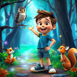 A cheerful boy named Max with short brown hair and messy hairstyle, wearing a blue t-shirt, denim shorts, and sneakers, interacting joyfully with talking animals in a vibrant forest setting