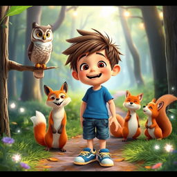 A cheerful boy named Max with short brown hair and messy hairstyle, wearing a blue t-shirt, denim shorts, and sneakers, interacting joyfully with talking animals in a vibrant forest setting