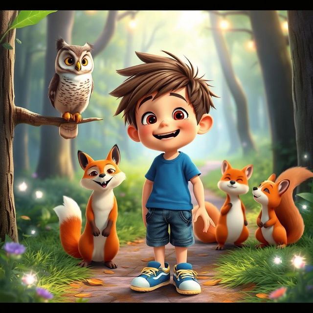 A cheerful boy named Max with short brown hair and messy hairstyle, wearing a blue t-shirt, denim shorts, and sneakers, interacting joyfully with talking animals in a vibrant forest setting