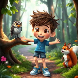 A cheerful boy named Max with short brown hair and messy hairstyle, wearing a blue t-shirt, denim shorts, and sneakers, interacting joyfully with talking animals in a vibrant forest setting