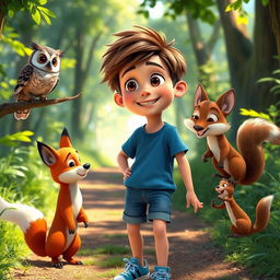 A scene featuring Max, a cheerful boy with short brown hair, blue t-shirt, denim shorts, sneakers, and freckles