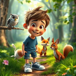 A scene featuring Max, a cheerful boy with short brown hair, blue t-shirt, denim shorts, sneakers, and freckles