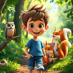 A scene featuring Max, a cheerful boy with short brown hair, blue t-shirt, denim shorts, sneakers, and freckles