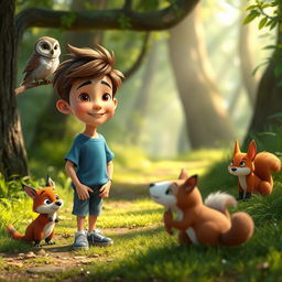 A scene featuring Max, a cheerful boy with short brown hair, blue t-shirt, denim shorts, sneakers, and freckles