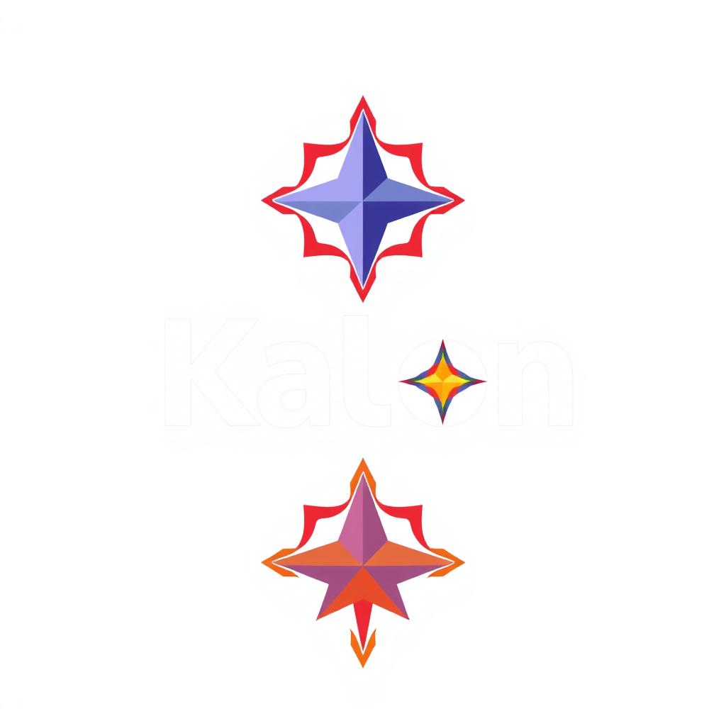 A logo design featuring the name 'Kalon' creatively constructed using geometric shapes and letters, with additional star motifs integrated into the design