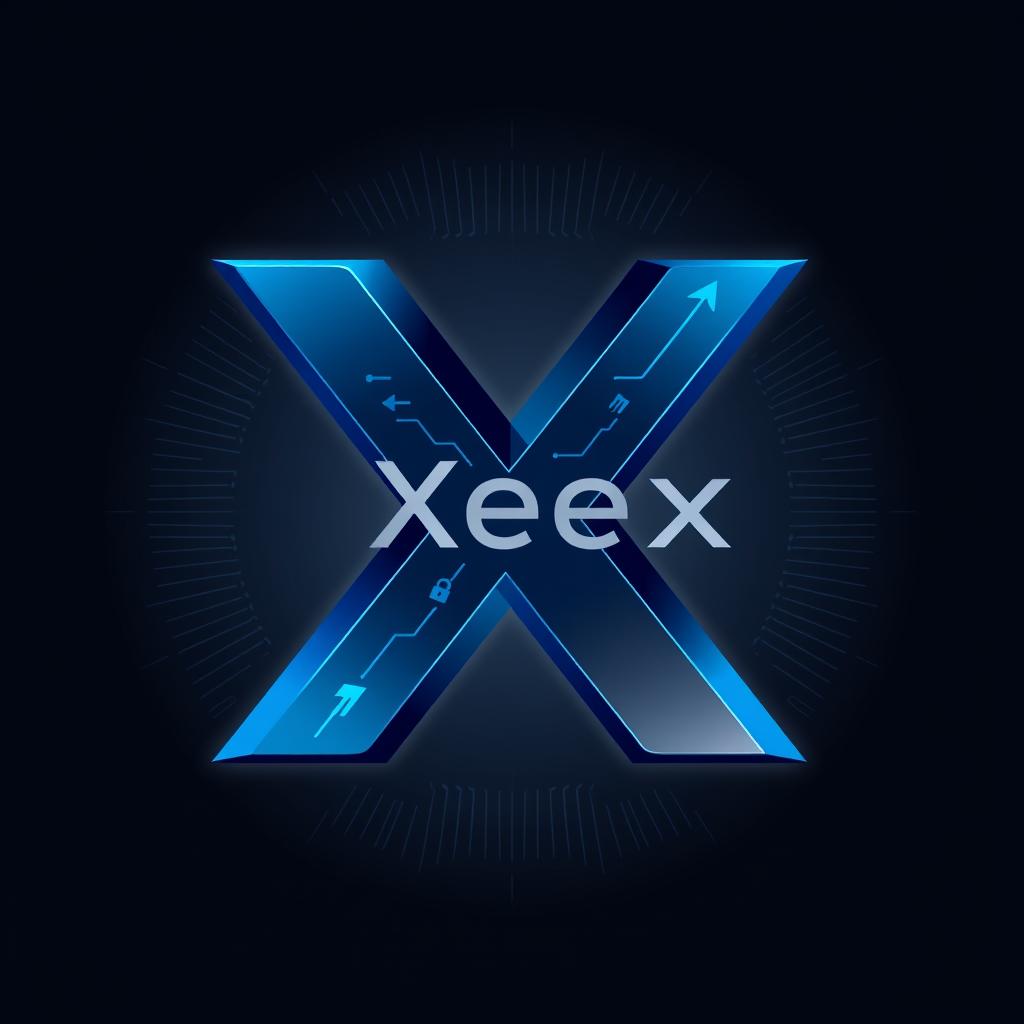 A sleek and modern logo design for a cryptocurrency named 'XeeX', featuring a bold and stylized letter 'X' that incorporates elements of cryptography like digital locks or circuit patterns