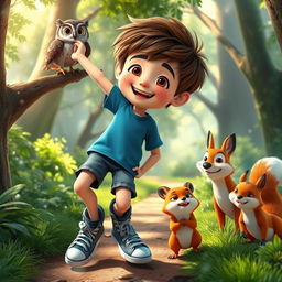 A dynamic scene featuring Max, a cheerful boy with short brown hair, wearing a blue t-shirt, denim shorts, and sneakers, displaying a face full of freckles