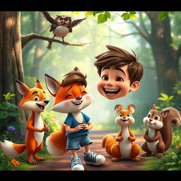 A dynamic scene featuring Max, a cheerful boy with short brown hair, wearing a blue t-shirt, denim shorts, and sneakers, displaying a face full of freckles