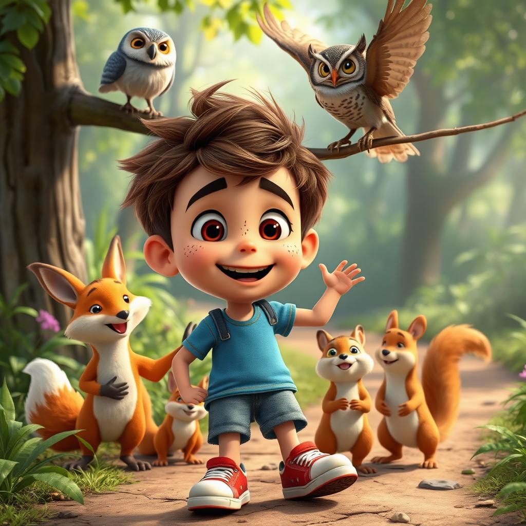 A dynamic scene featuring Max, a cheerful boy with short brown hair, wearing a blue t-shirt, denim shorts, and sneakers, displaying a face full of freckles