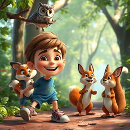 A dynamic scene featuring Max, a cheerful boy with short brown hair, wearing a blue t-shirt, denim shorts, and sneakers, displaying a face full of freckles