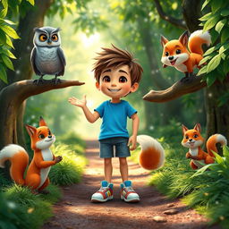 A delightful scene showcasing Max, a cheerful boy with short brown hair, wearing a bright blue t-shirt, denim shorts, and colorful sneakers