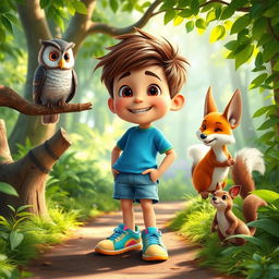 A delightful scene showcasing Max, a cheerful boy with short brown hair, wearing a bright blue t-shirt, denim shorts, and colorful sneakers