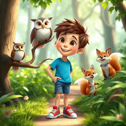 A delightful scene showcasing Max, a cheerful boy with short brown hair, wearing a bright blue t-shirt, denim shorts, and colorful sneakers