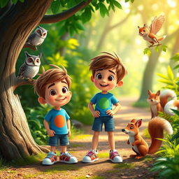 A delightful scene showcasing Max, a cheerful boy with short brown hair, wearing a bright blue t-shirt, denim shorts, and colorful sneakers