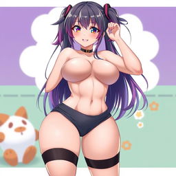 An anime-style girl with colorful hair, wearing minimal clothing that accentuates her voluptuous features, particularly her large breasts and thick thighs