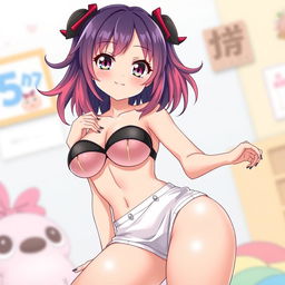 An anime-style girl with colorful hair, wearing minimal clothing that accentuates her voluptuous features, particularly her large breasts and thick thighs