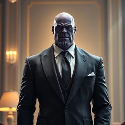 An alluring representation of Thanos from Marvel, elegantly dressed in a refined suit that embodies the essence of a sophisticated gentleman