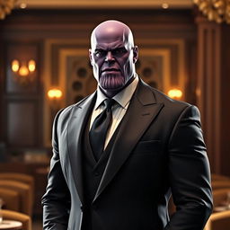 An alluring representation of Thanos from Marvel, elegantly dressed in a refined suit that embodies the essence of a sophisticated gentleman