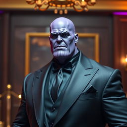 An alluring representation of Thanos from Marvel, elegantly dressed in a refined suit that embodies the essence of a sophisticated gentleman