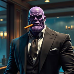 A refined depiction of Thanos from Marvel, dressed in an elegant tailored suit, looking sophisticated and powerful while smoking a cigar