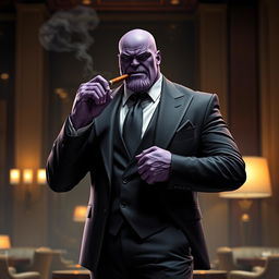A refined depiction of Thanos from Marvel, dressed in an elegant tailored suit, looking sophisticated and powerful while smoking a cigar