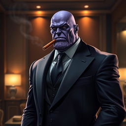 A refined depiction of Thanos from Marvel, dressed in an elegant tailored suit, looking sophisticated and powerful while smoking a cigar