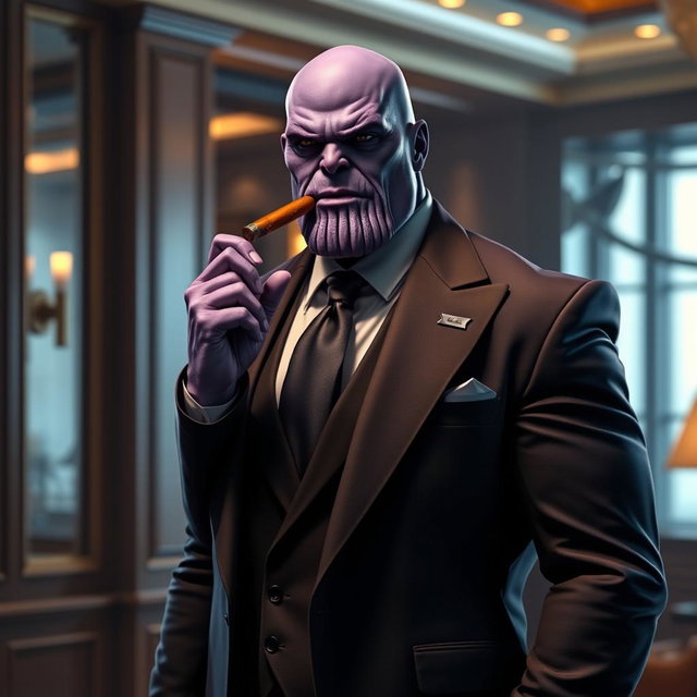 A refined depiction of Thanos from Marvel, dressed in an elegant tailored suit, looking sophisticated and powerful while smoking a cigar
