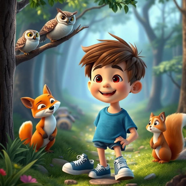 A cheerful boy named Max with short brown hair and messy hairstyle, wearing a blue t-shirt, denim shorts, and sneakers, interacting joyfully with talking animals in a vibrant forest setting suitable for YouTube kids videos