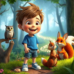 A cheerful boy named Max with short brown hair and messy hairstyle, wearing a blue t-shirt, denim shorts, and sneakers, interacting joyfully with talking animals in a vibrant forest setting suitable for YouTube kids videos