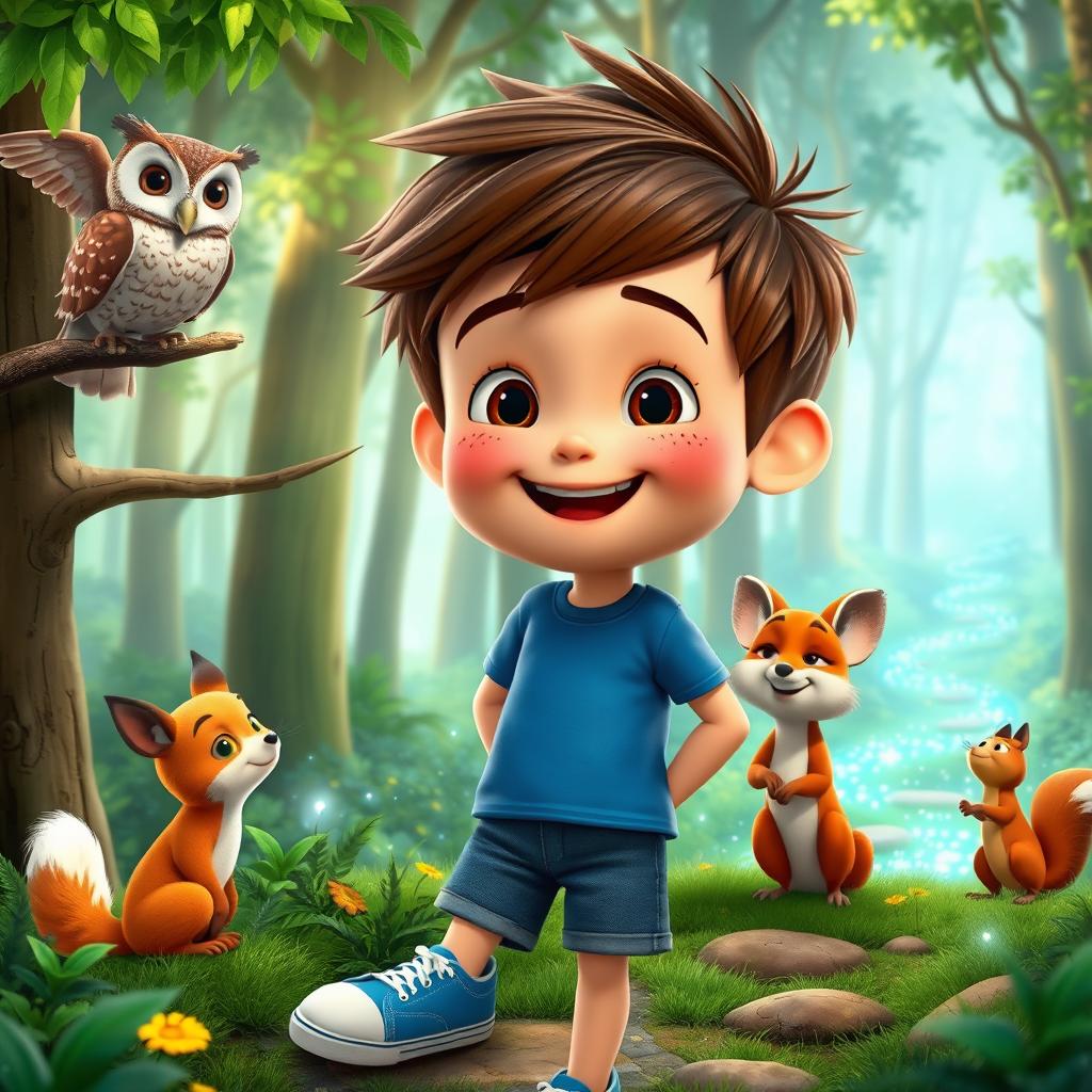 A cheerful boy named Max with short brown hair and messy hairstyle, wearing a blue t-shirt, denim shorts, and sneakers, interacting joyfully with talking animals in a vibrant forest setting suitable for YouTube kids videos