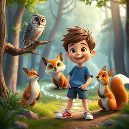 A cheerful boy named Max with short brown hair and messy hairstyle, wearing a blue t-shirt, denim shorts, and sneakers, interacting joyfully with talking animals in a vibrant forest setting suitable for YouTube kids videos