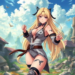 A stunning female anime character inspired by Tsunade from Naruto, featuring her in a stylish, revealing outfit that highlights her charisma and strength