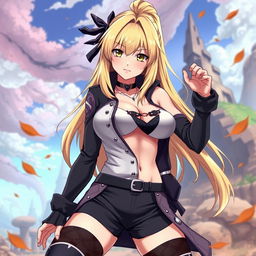 A stunning female anime character inspired by Tsunade from Naruto, featuring her in a stylish, revealing outfit that highlights her charisma and strength