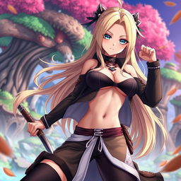 A stunning female anime character inspired by Tsunade from Naruto, featuring her in a stylish, revealing outfit that highlights her charisma and strength